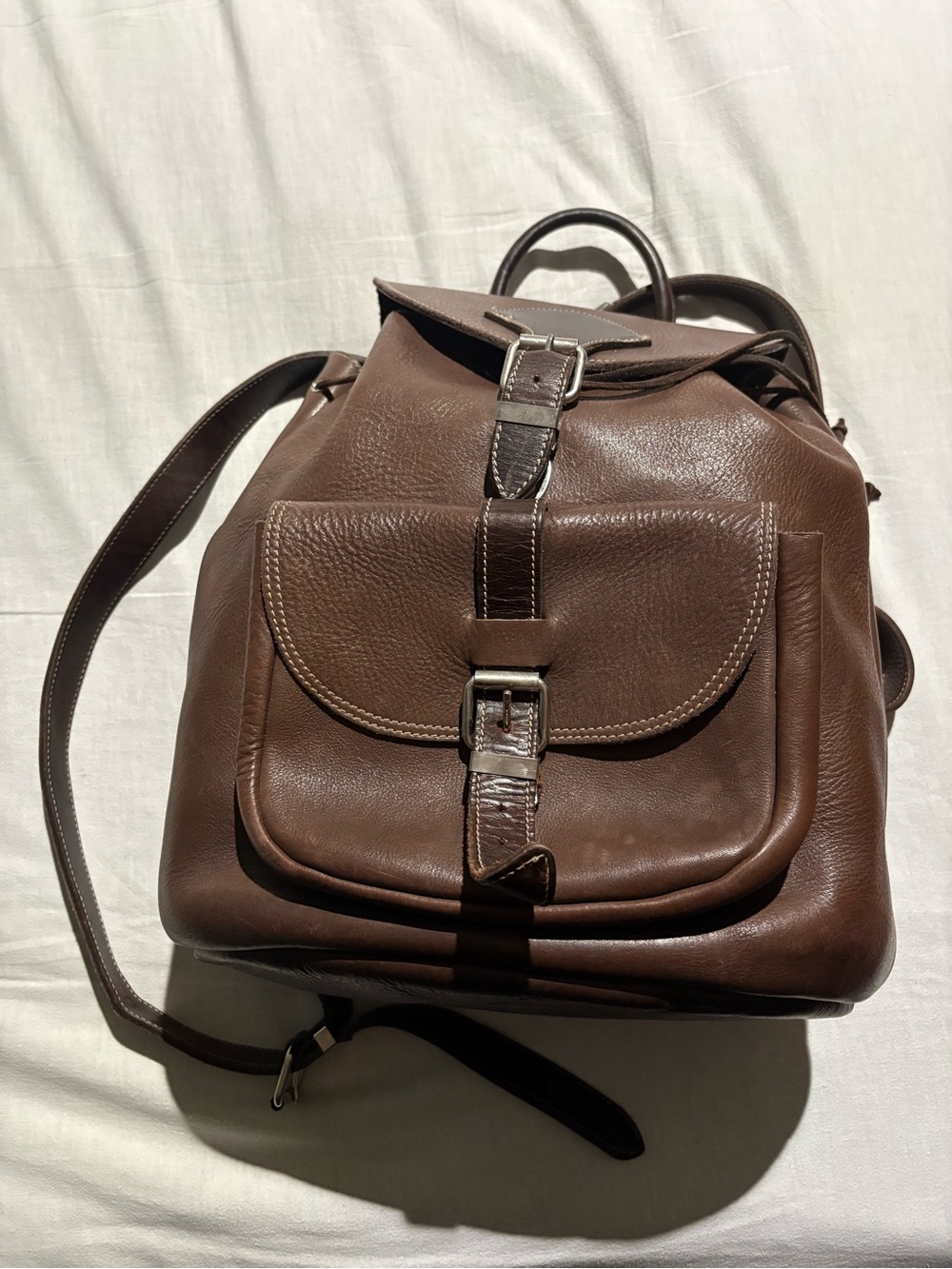 Roots Brown Leather Backpack with Front Buckle Pocket